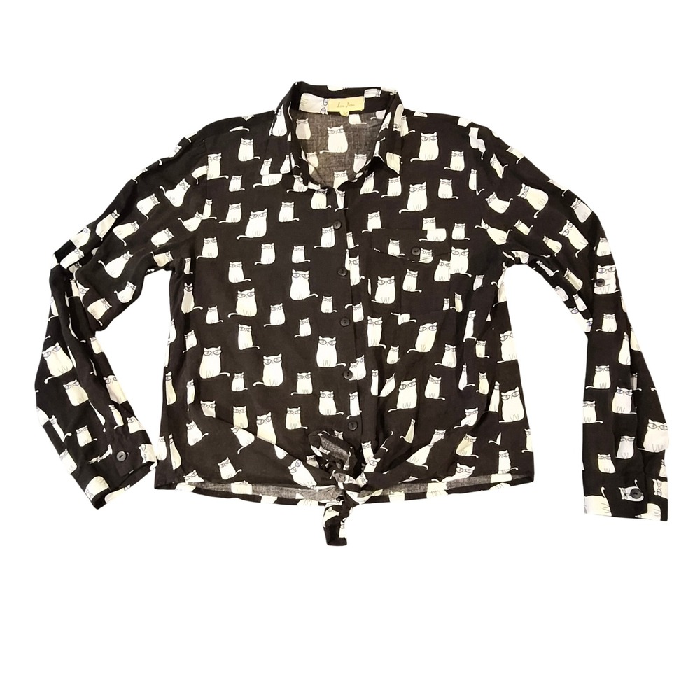 Love Notes Womens Small‎ Black White Cat Print Tie Front Rayon Button Down Shirt